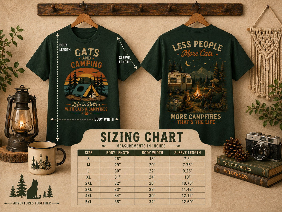 A product listing graphic showing two dark green graphic T-shirts with camping-themed prints, a sizing chart table in the center, and decorative rustic props including a lantern, mug, books, and macrame wall hanging.