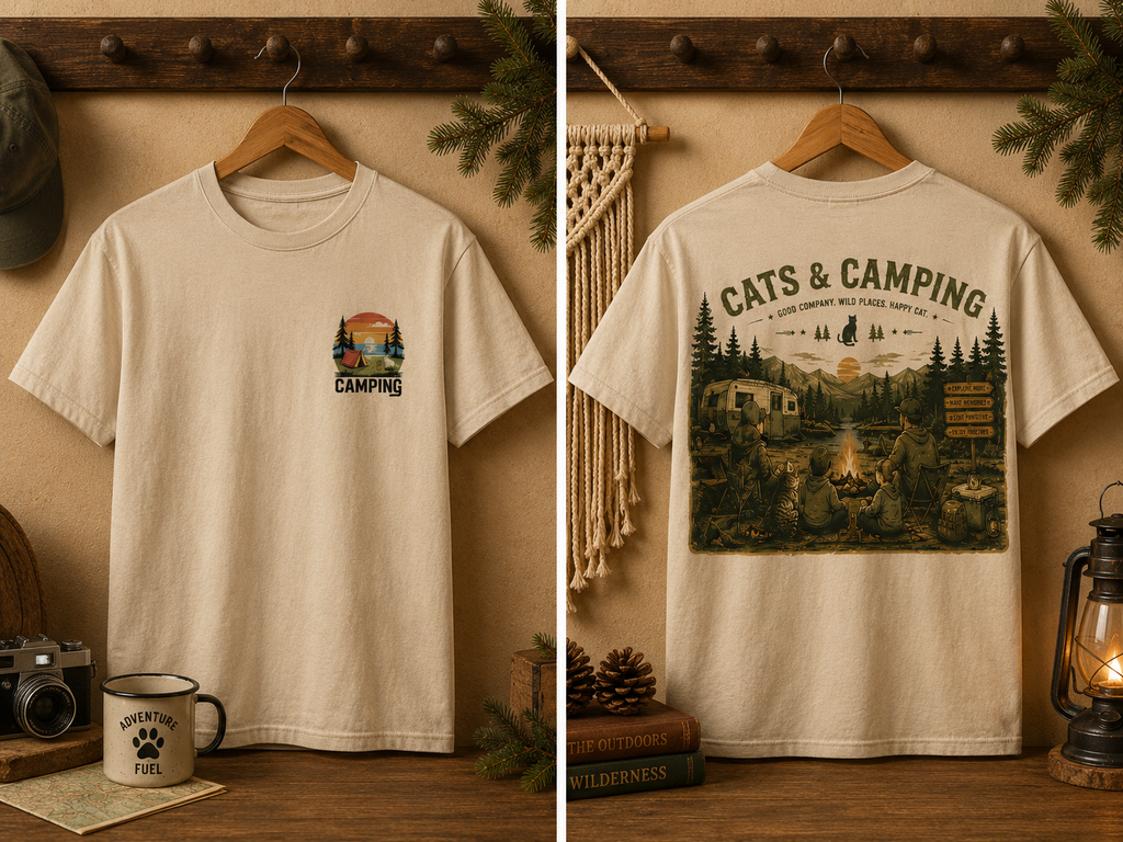 Tranquil Observation Cat Camping T-Shirt – nature-inspired cat graphic on preshrunk cotton tee, front view