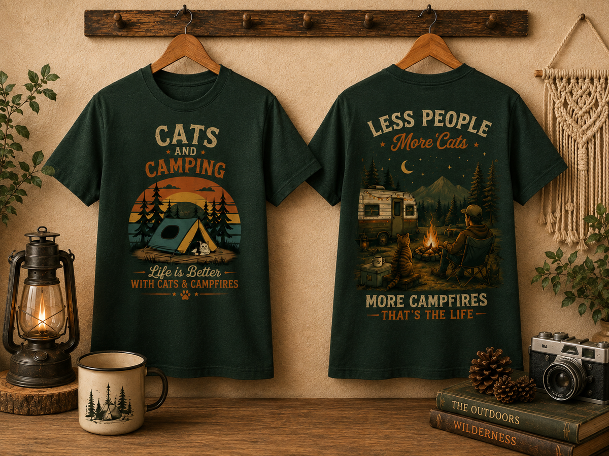 Two dark green graphic T-shirts hanging on wooden hangers against a rustic beige wall, showing front and back designs with camping-themed text and illustrations. The scene includes a lantern, mug, books, pinecones, and a macrame wall hanging.