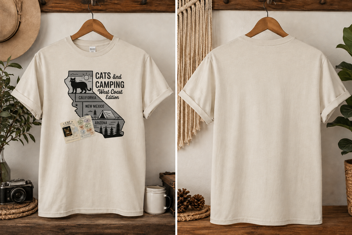 West Coast Camping Cat T-Shirt – Wild Coast Edition graphic with California map and custom cat passport, front view