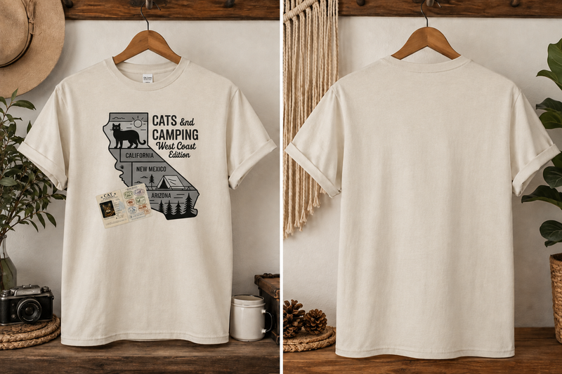 West Coast Camping Cat T-Shirt – Wild Coast Edition graphic with California map and custom cat passport, front view