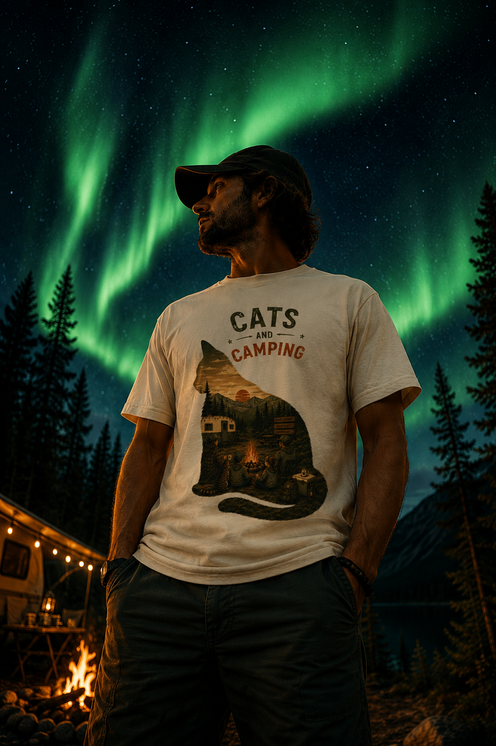 Feline Silhouette Camping T-Shirt — Minimalist Cat Outdoor Graphic Tee