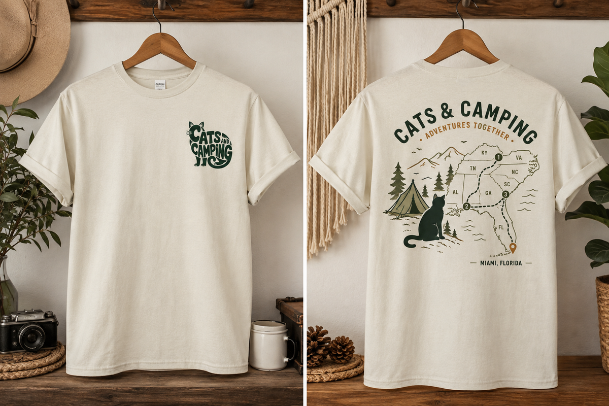 East Coast Coastal Camping Cat T-Shirt – laid-back coastal camping graphic on preshrunk cotton tee, front view