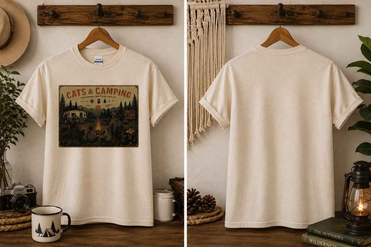 Campfire Family Time T-Shirt – campfire graphic camping tee for cat lovers, front view