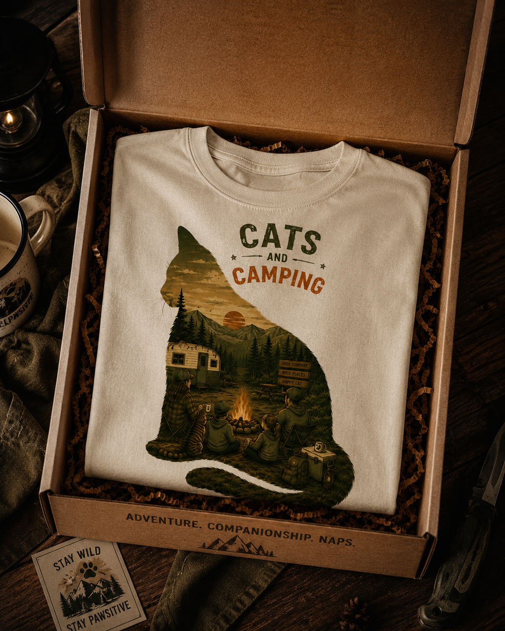 Feline Silhouette Camping T-Shirt — Minimalist Cat Outdoor Graphic Tee