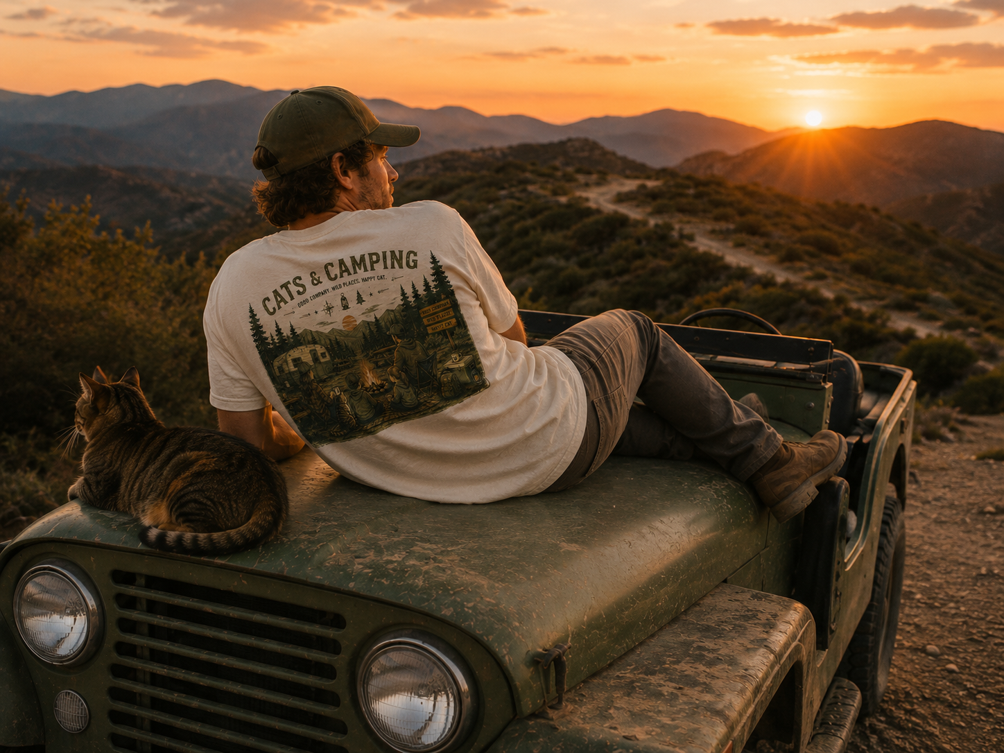 Tranquil Observation Cat Camping T-Shirt — Nature Lover Graphic Tee