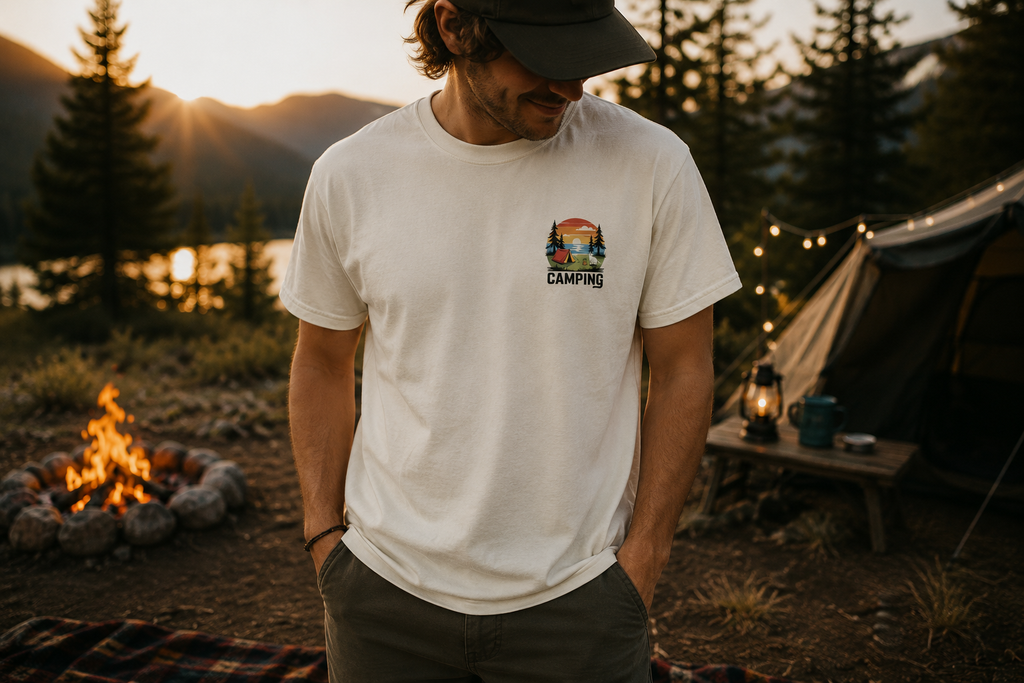 Tranquil Observation Cat Camping T-Shirt — Nature Lover Graphic Tee