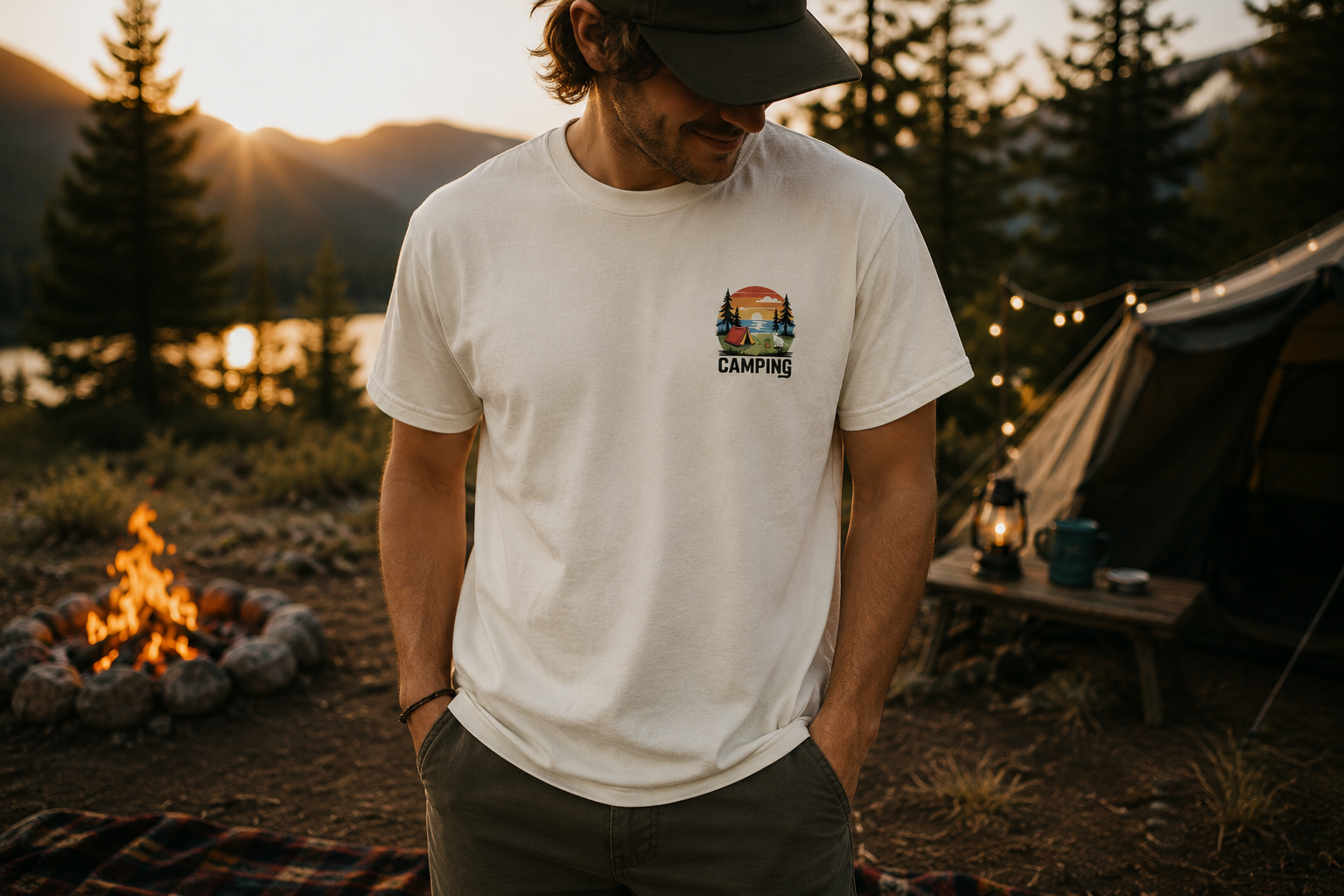 Tranquil Observation Cat Camping T-Shirt — Nature Lover Graphic Tee