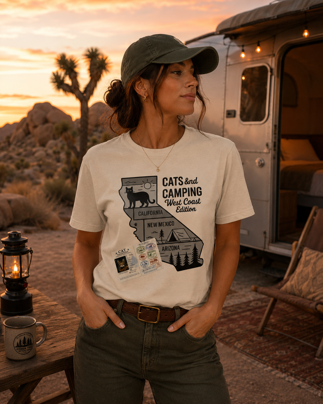 A woman wearing a cream-colored graphic t-shirt with a black print that reads 'CATS and CAMPING West Coast Edition' with a California map outline, standing in front of a rustic outdoor setting with a vintage camper, desert mountains, and a sunset sky.