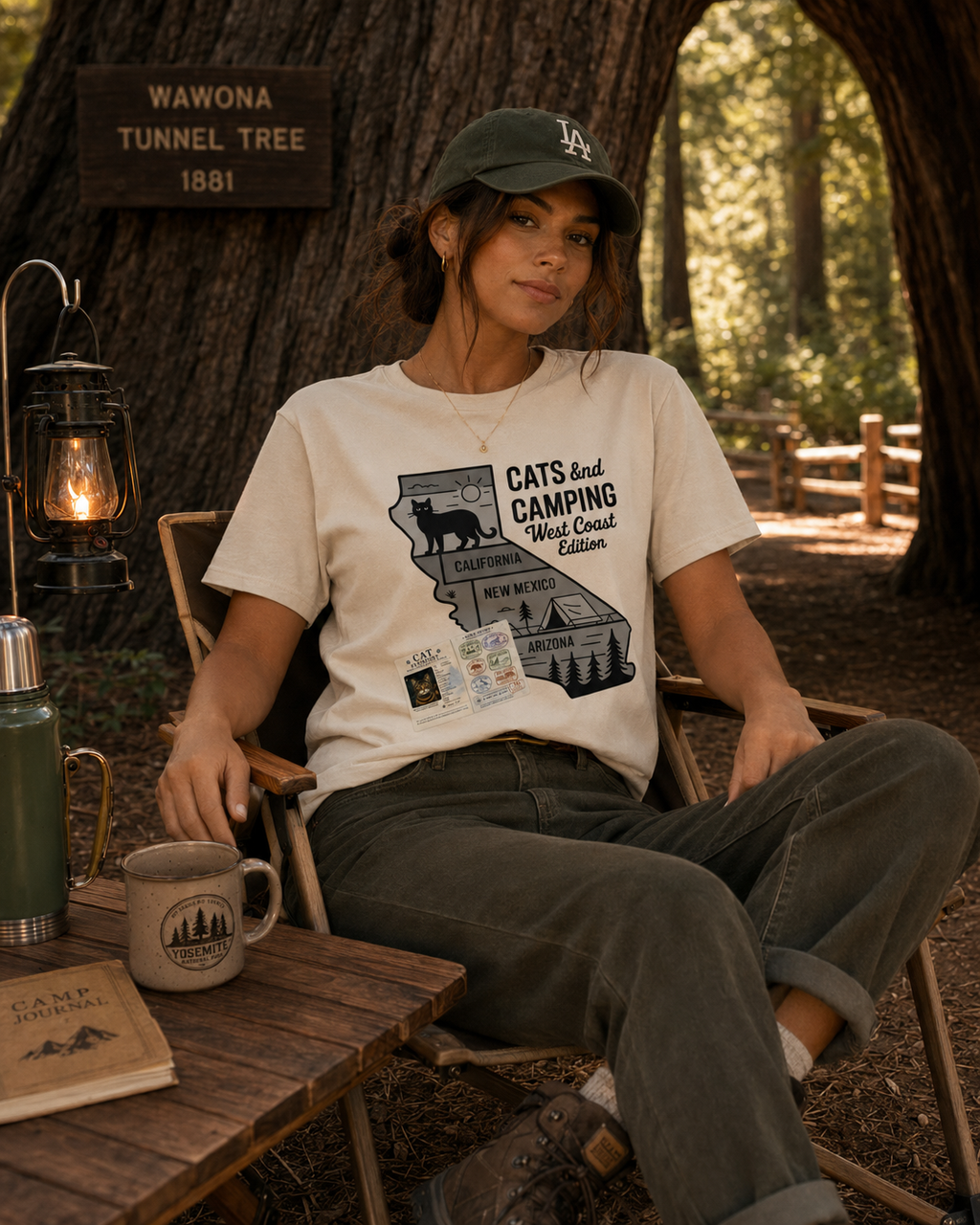 A woman sits in a camp chair outdoors in a wooded setting, wearing a cream graphic T-shirt that reads 'CATS and CAMPING Wild Coast Edition' with a California map and camping illustration. She also wears a dark green cap, dark pants, and boots, with a lantern, mug, and notebook on a table beside her.