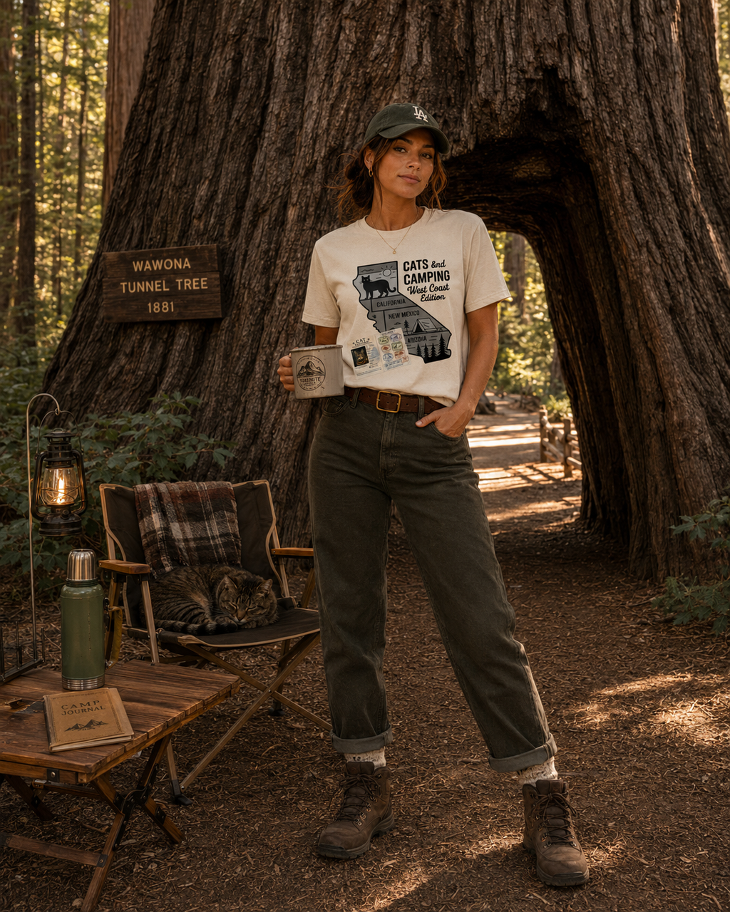 A woman stands in a forest setting in front of a massive tree trunk, wearing a cream graphic t-shirt, dark olive green pants, and hiking boots. She holds a mug next to a folding camp chair and a small table with a lantern and thermos.
