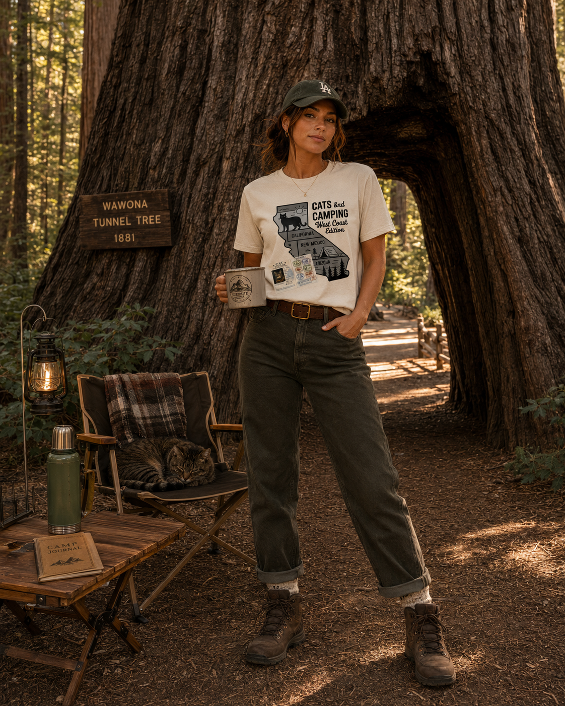 A woman stands in a forest setting in front of a massive tree trunk, wearing a cream graphic t-shirt, dark olive green pants, and hiking boots. She holds a mug next to a folding camp chair and a small table with a lantern and thermos.