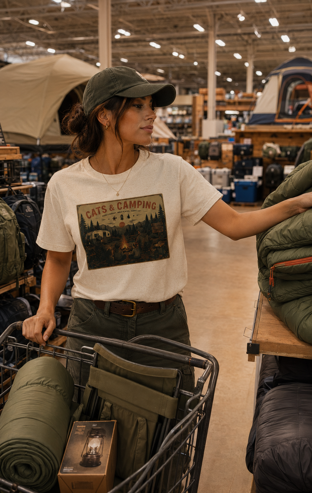 A woman in a camping store wearing a white graphic t-shirt that reads 'CATS & CAMPING' and a green cap, pushing a shopping cart filled with camping gear.