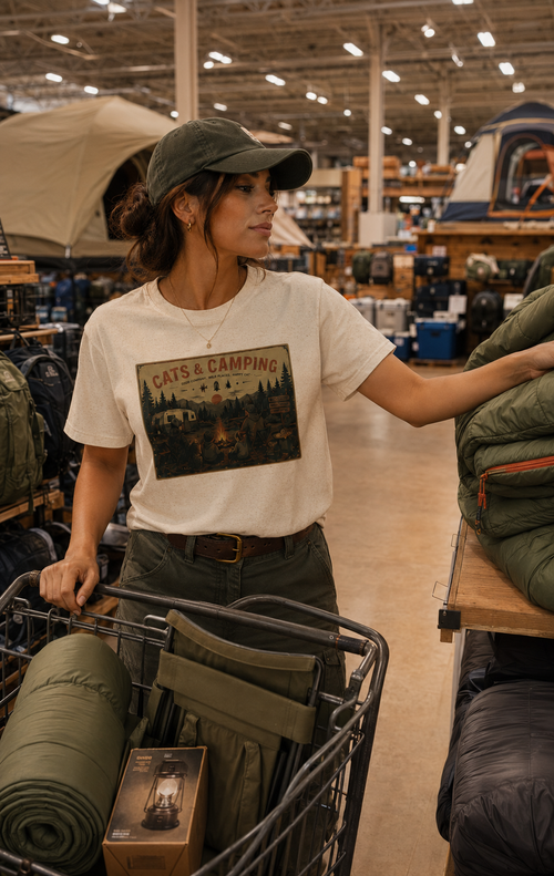 A woman in a camping store wearing a white graphic t-shirt that reads 'CATS & CAMPING' and a green cap, pushing a shopping cart filled with camping gear.