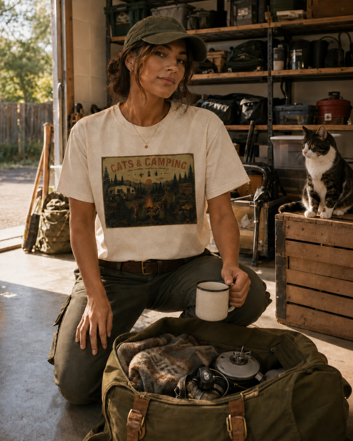 A woman kneels in a rustic garage or workshop setting wearing a cream graphic t-shirt that reads 'Cats & Camping' with a vintage campfire illustration. She is wearing olive green cargo pants and a green cap, holding a white enamel mug.