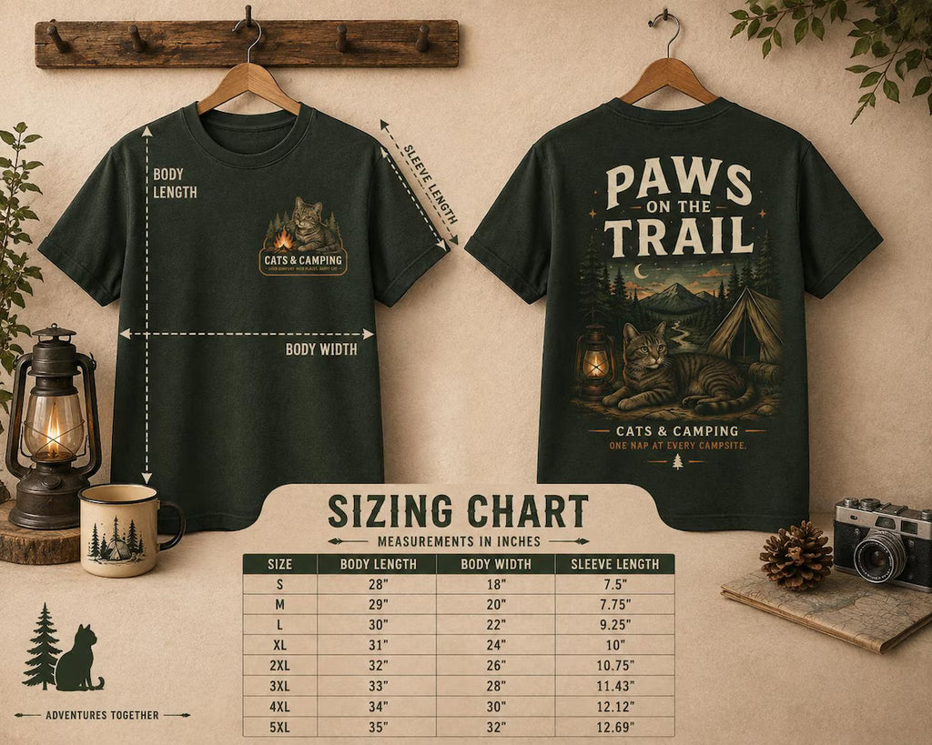 Paws on Trail T-Shirt – size chart, body length, width and sleeve measurements S to 5XL