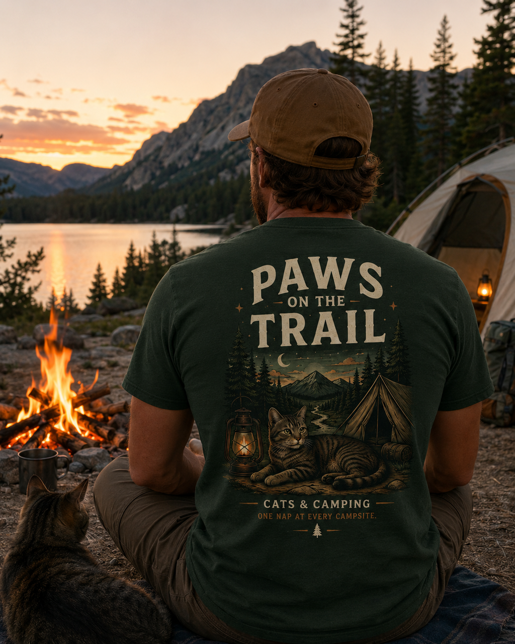 A man sits with his back to the camera at a lakeside campsite at sunset, wearing a dark green t-shirt with a large 'PAWS ON THE TRAIL' cat and camping graphic on the back. A cat is in the foreground, and a tent and campfire are visible in the background.