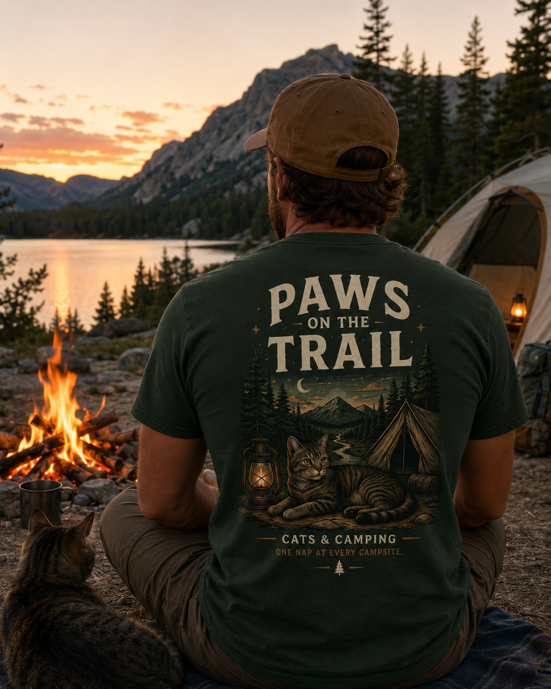 A man sits with his back to the camera at a lakeside campsite at sunset, wearing a dark green t-shirt with a large 'PAWS ON THE TRAIL' cat and camping graphic on the back. A cat is in the foreground, and a tent and campfire are visible in the background.
