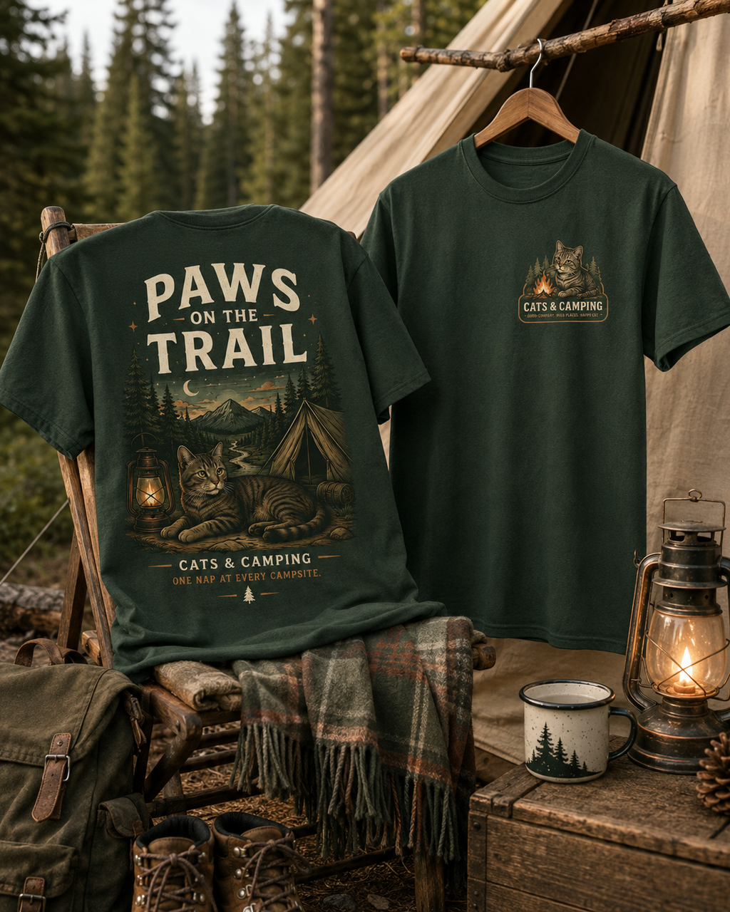 Two dark forest green t-shirts with camping and cat graphics, displayed in a rustic forest camp setting with a tent, lanterns, and boots.
