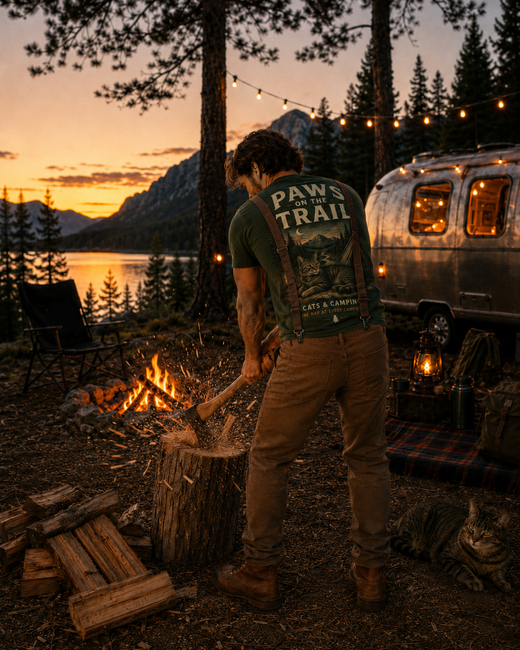 A man stands at a campfire in a forest campsite at sunset, wearing a green graphic T-shirt with 'PAWS ON THE TRAIL' printed on the back, tan pants, and boots. A silver trailer, string lights, mountains, and a lake are visible in the background.