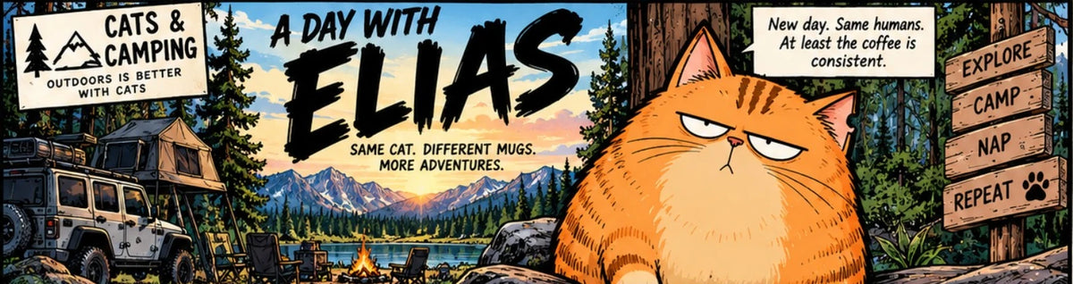 Elias, the unimpressed orange tabby, at a forest campsite with Explore, Camp, Nap, Repeat trail signs