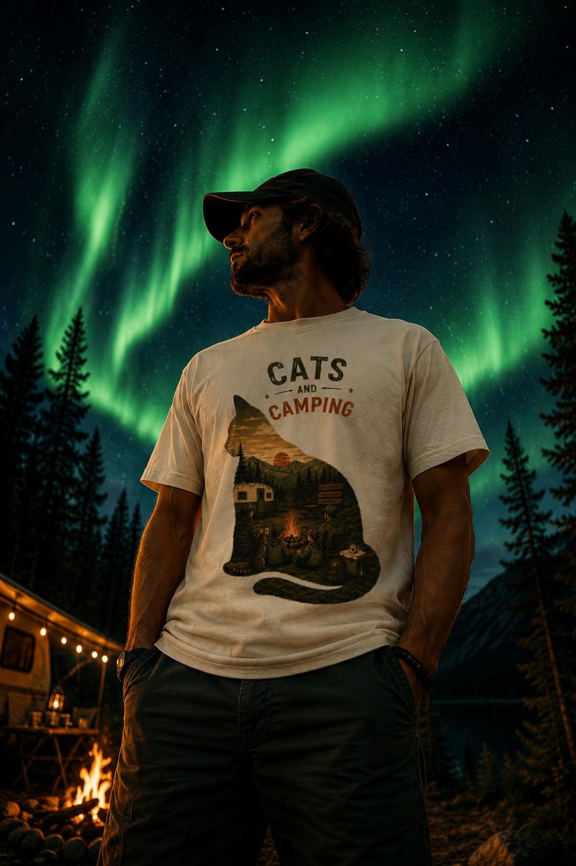 Feline Silhouette Camping T-Shirt – minimalist cat silhouette filled with camping scene, product photo 2