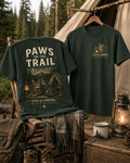 Paws on Trail T-Shirt – hiking cat graphic on forest green cotton tee, front view