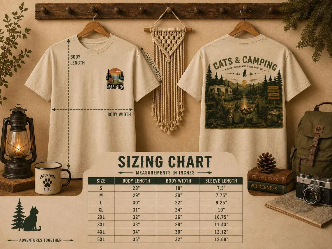 Tranquil Observation Cat Camping T-Shirt – size chart and product details