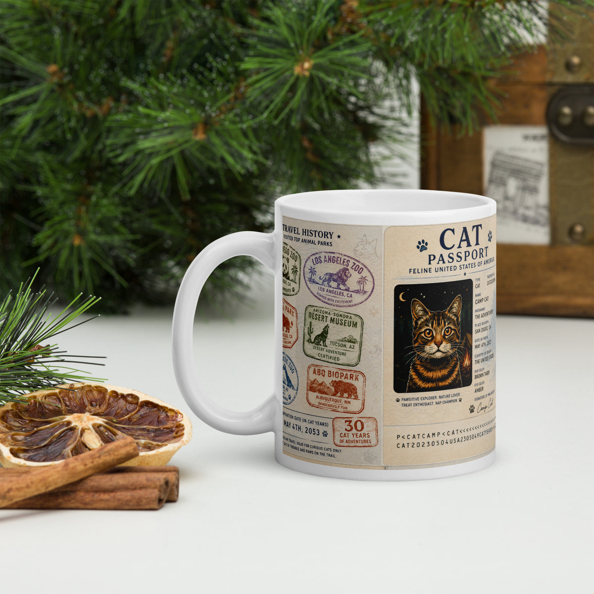A Cat's Passport Mug – white glossy ceramic 11oz mug with travel-stamp cat passport design, handle on left